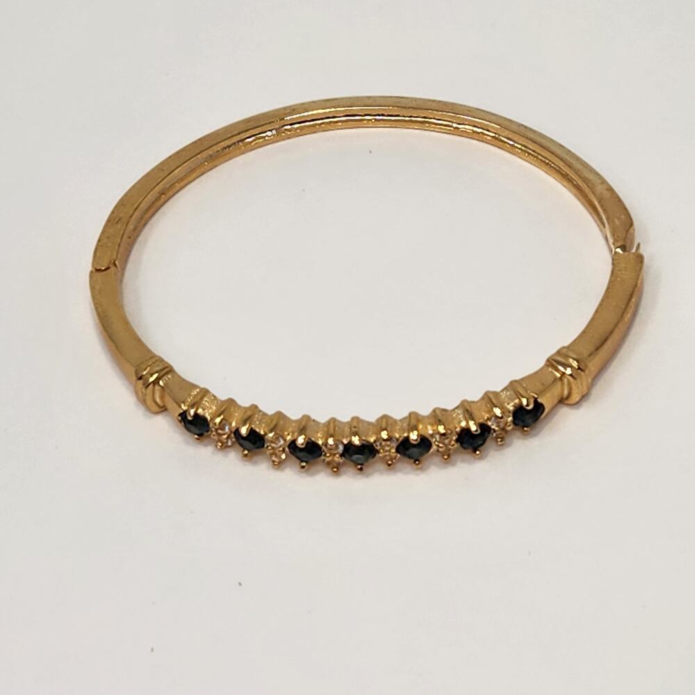 Blue Clear Crystal Gold Tone Bangle Hinged Bracelet Costume Jewelry Workwear - Picture 2 of 6
